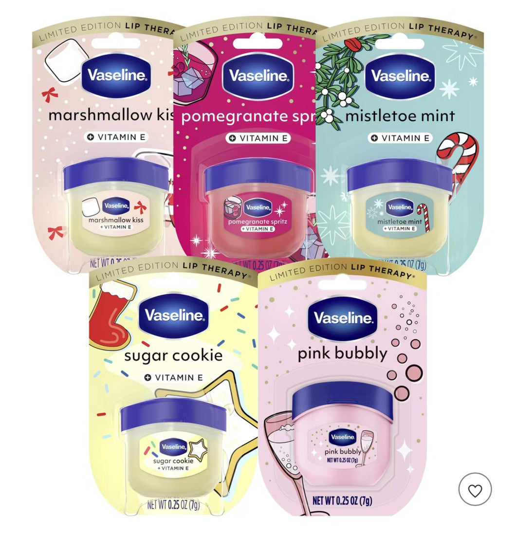 Vaseline Holiday Limited Edition Lip Balm Pomegranate Spritz + Sugar Cookie + Marshmallow Kiss + Mistletoe Mint + Pink Bubbly Cutie