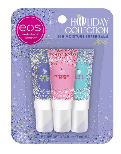 eos Holiday Mini Super Balms - Peppermint Twist, Milk & Cookies, Marshmallow Fluff - 3pk